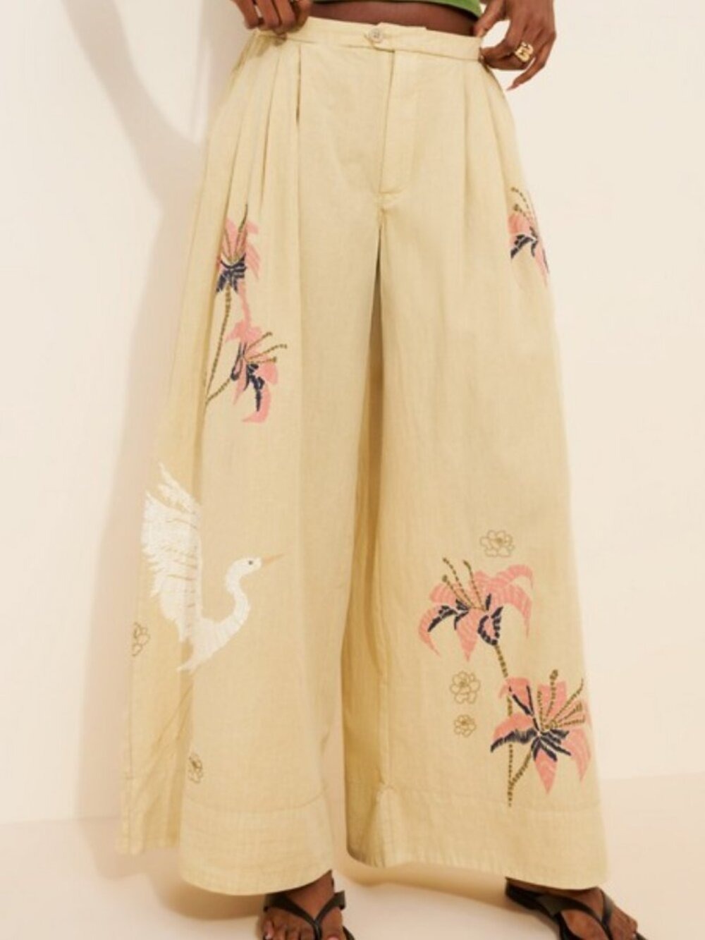 Free People Tricia Fix Embroidered Swan Crane Wide Leg Palazzo Pants S/28